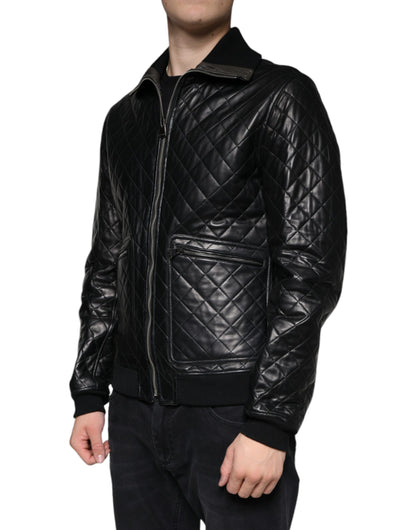 Dolce & Gabbana Black Calf Leather Quilted Full Zip Jacket