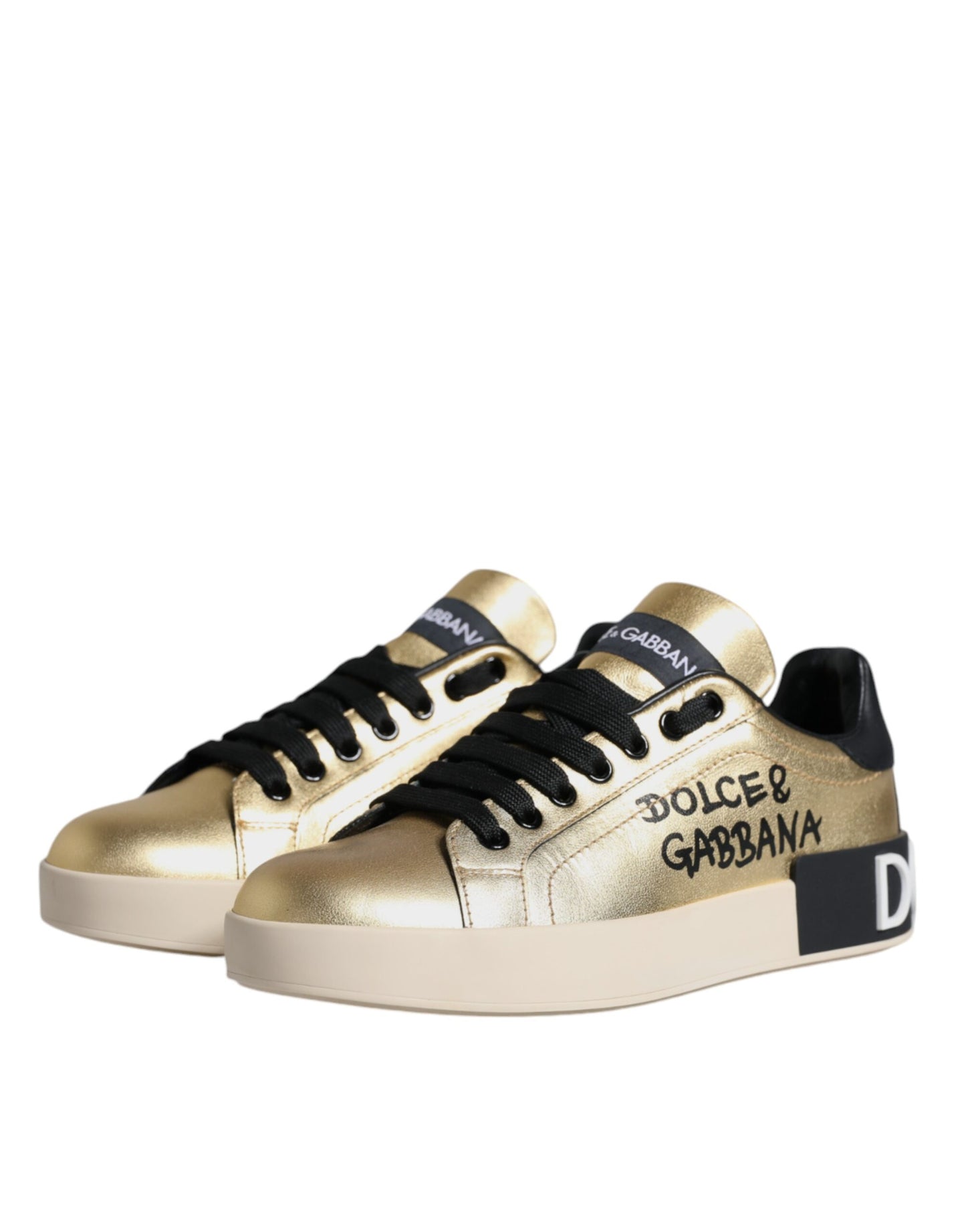 Dolce & Gabbana Gold Portofino Calf Leather Sneakers Shoes