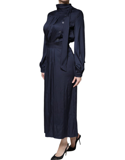 Ballantyne Dark Blue Long Sleeves Pleated A-line Maxi Dress