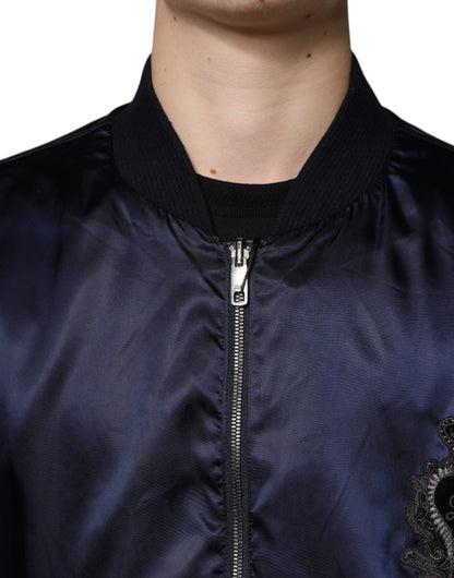 Dolce & Gabbana Blue Crown Heart Full Zip Men Bomber Jacket