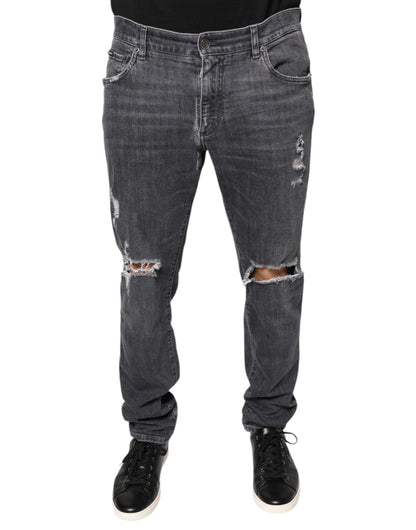 Dolce & Gabbana Dark Gray Tattered Cotton Skinny Denim Jeans