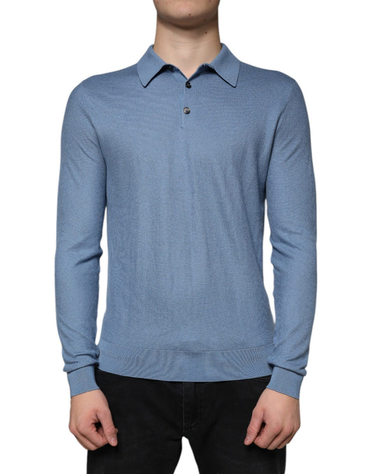 Dolce & Gabbana Sky Blue Silk Collared Men Pullover Sweater