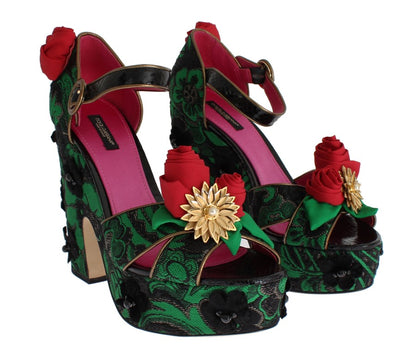 Grüne Brokat-Schlangenleder-Rosen-Kristallschuhe