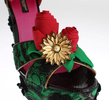 Grüne Brokat-Schlangenleder-Rosen-Kristallschuhe