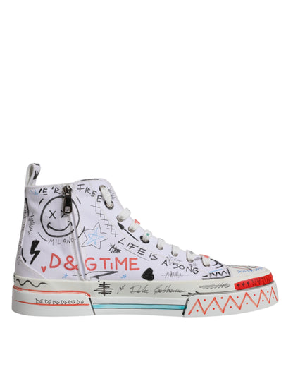 Dolce & Gabbana White Cotton Graffiti High Top Sneaker Shoes