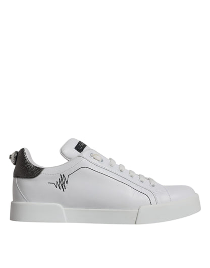 Dolce & Gabbana White Silver Leather Low Top Men Sneakers Shoes