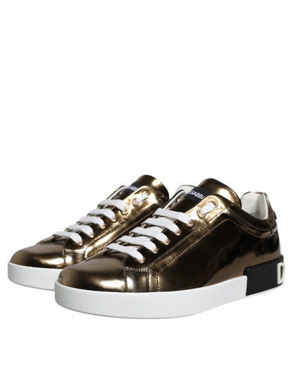 Dolce & Gabbana Gold Leather Logo Portofino Men Sneaker Shoes