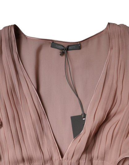 Alberta Ferretti Brown Silk Short Sleeves V-neck Pleated Top