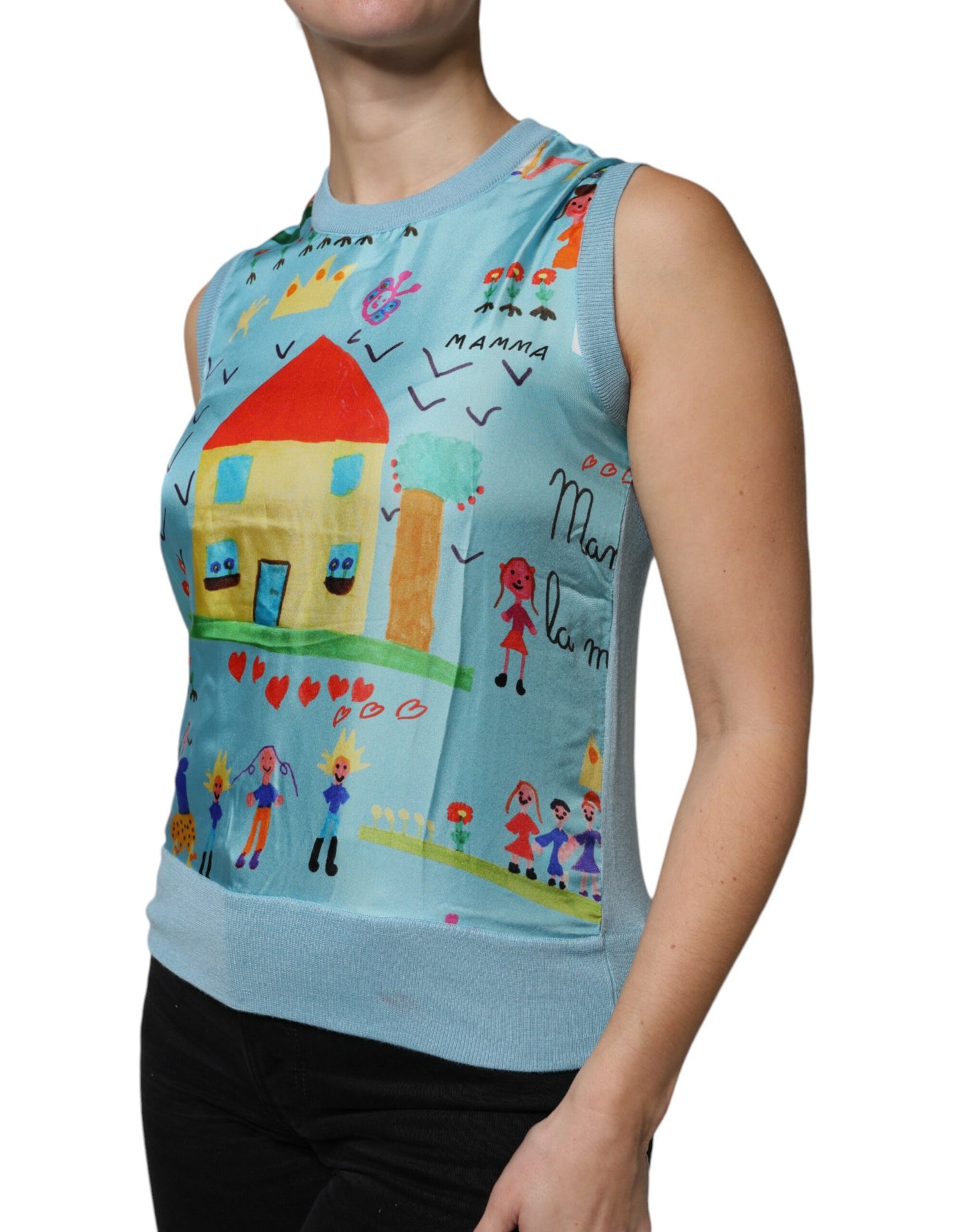 Dolce & Gabbana Blue Drawing Cashmere Sleeveless Tank Top