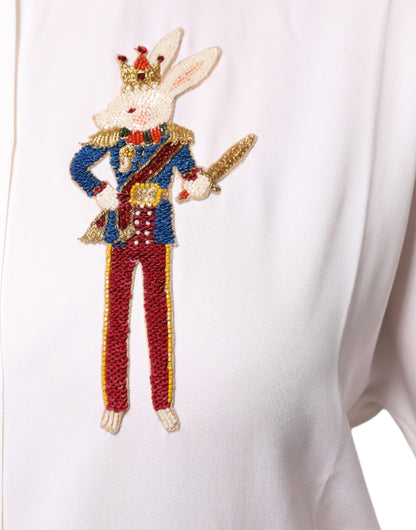 Dolce & Gabbana White Rabbit Patch Silk Collared Blouse Top