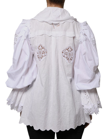 Dolce & Gabbana White Cotton Lace Trim Collared Blouse Top