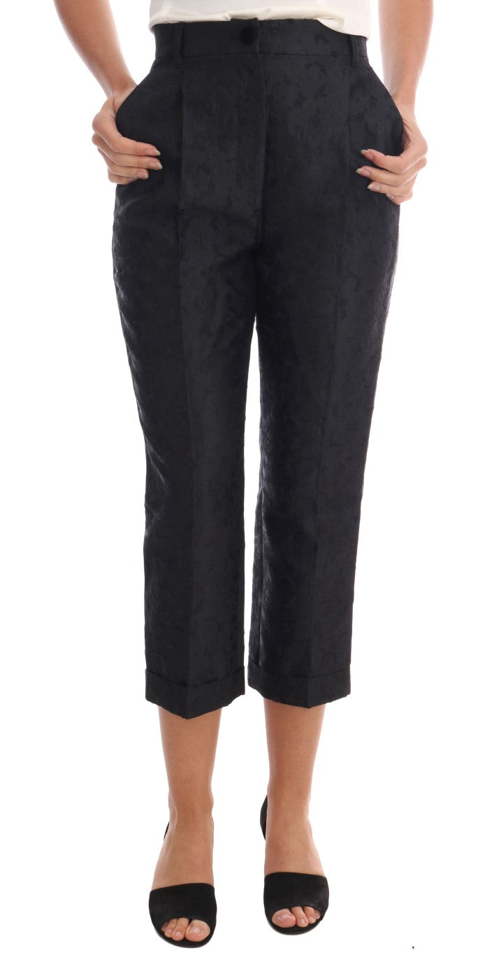 Pantaloni Capri in broccato floreale nero