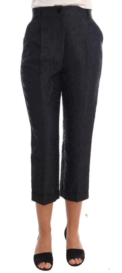 Pantaloni Capri in broccato floreale nero