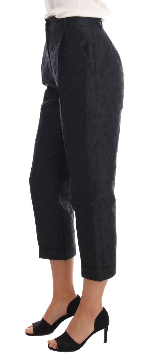 Schwarze Capri-Hose aus Blumenbrokat