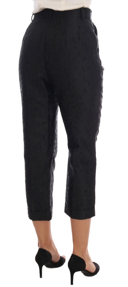 Pantaloni Capri in broccato floreale nero