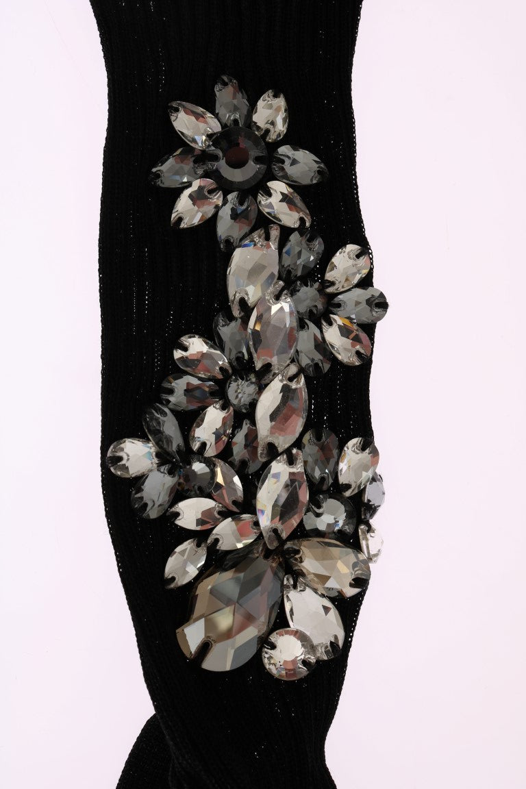 Chaussettes noires tricotées à fleurs et cristaux transparents