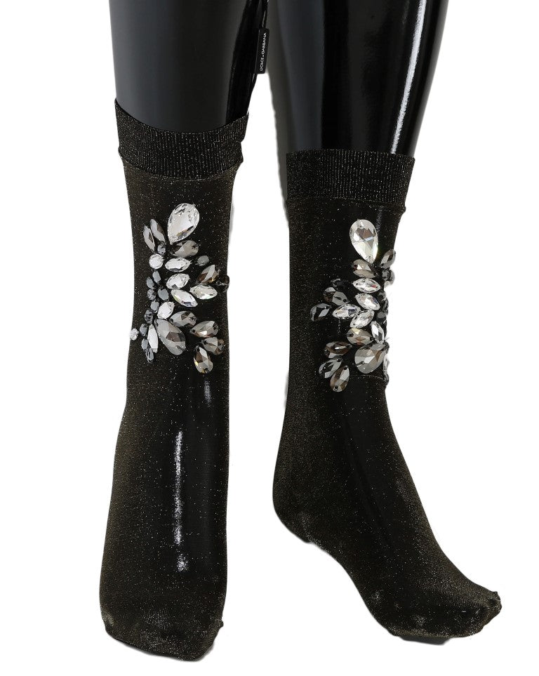 Chaussettes noires extensibles à fleurs et cristaux transparents