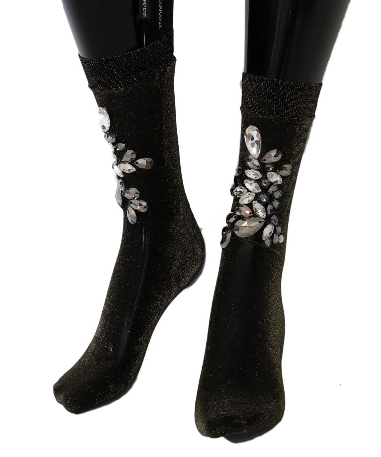 Chaussettes noires extensibles à fleurs et cristaux transparents