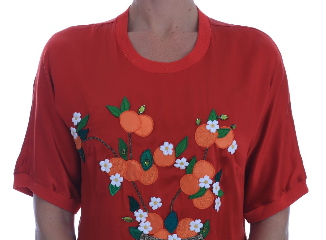 Blouse en cristal floral orange en soie rouge