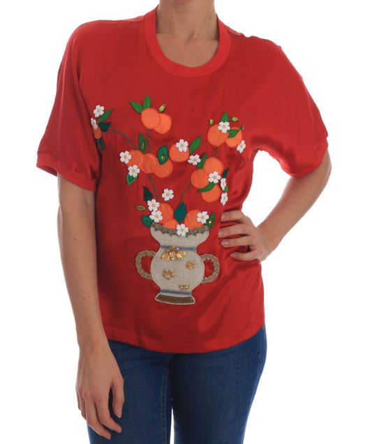 Blouse en cristal floral orange en soie rouge