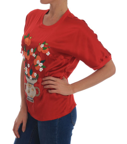 Blouse en cristal floral orange en soie rouge