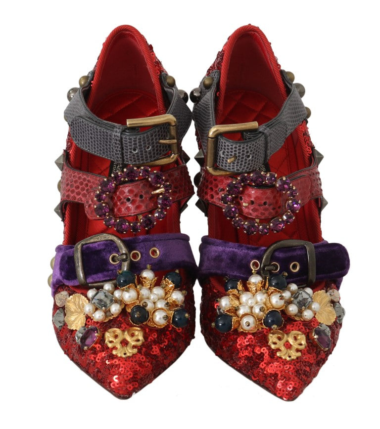 Scarpe con tacco con borchie in cristallo rosso con paillettes