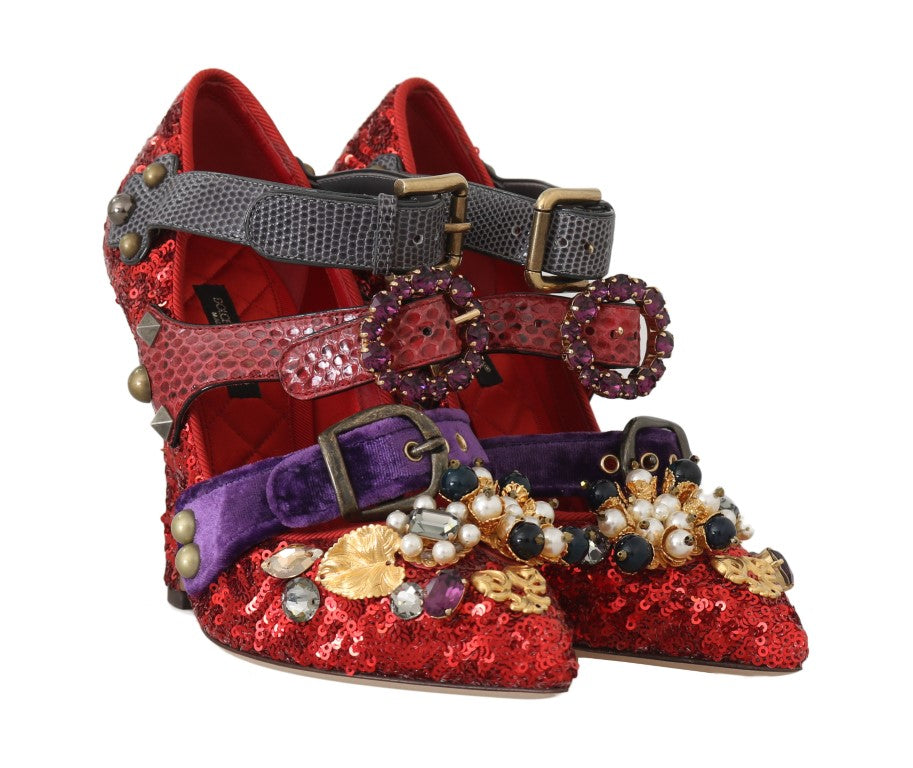 Scarpe con tacco con borchie in cristallo rosso con paillettes