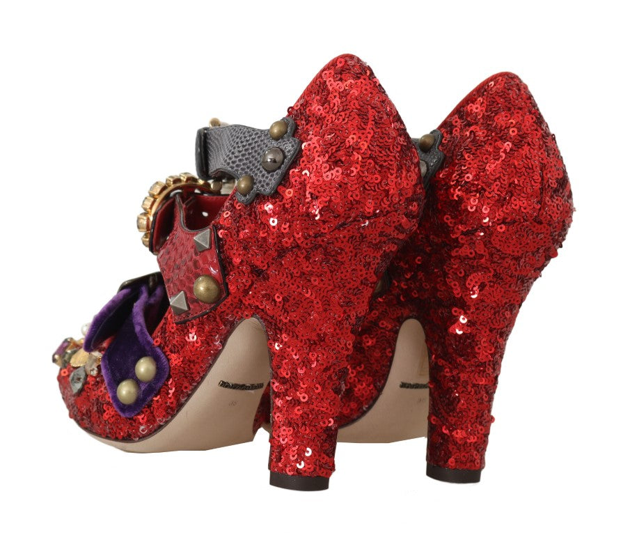 Scarpe con tacco con borchie in cristallo rosso con paillettes