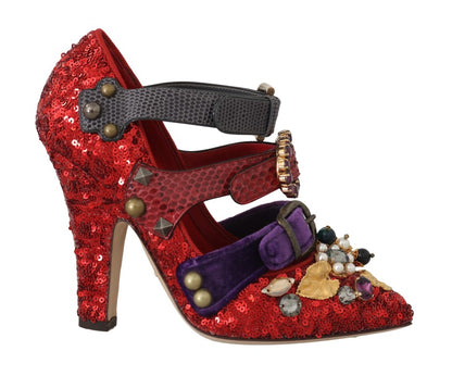 Scarpe con tacco con borchie in cristallo rosso con paillettes