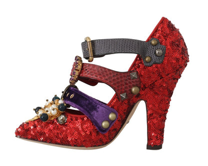 Scarpe con tacco con borchie in cristallo rosso con paillettes