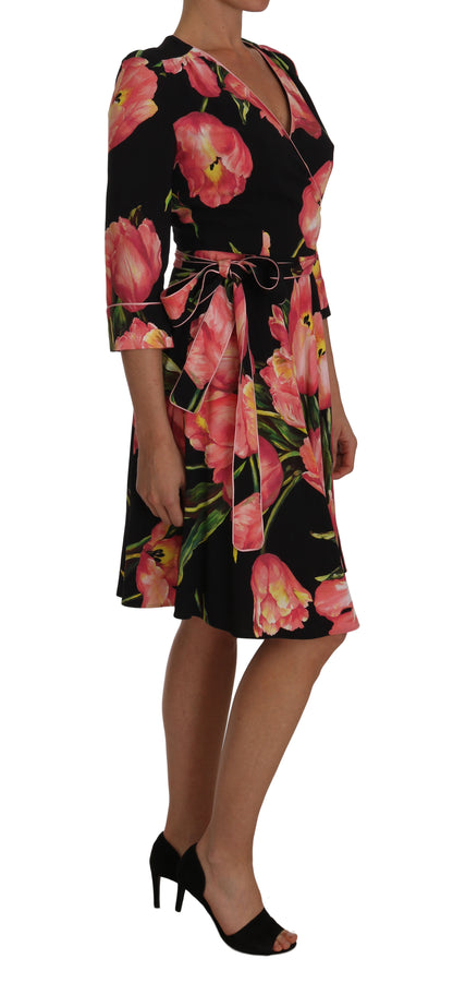 Robe droite stretch à imprimé tulipes noir et rose