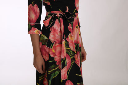 Robe droite stretch à imprimé tulipes noir et rose