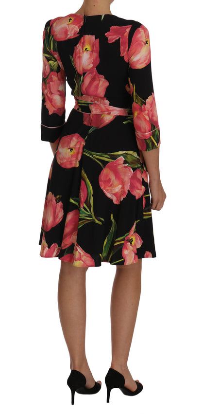 Robe droite stretch à imprimé tulipes noir et rose