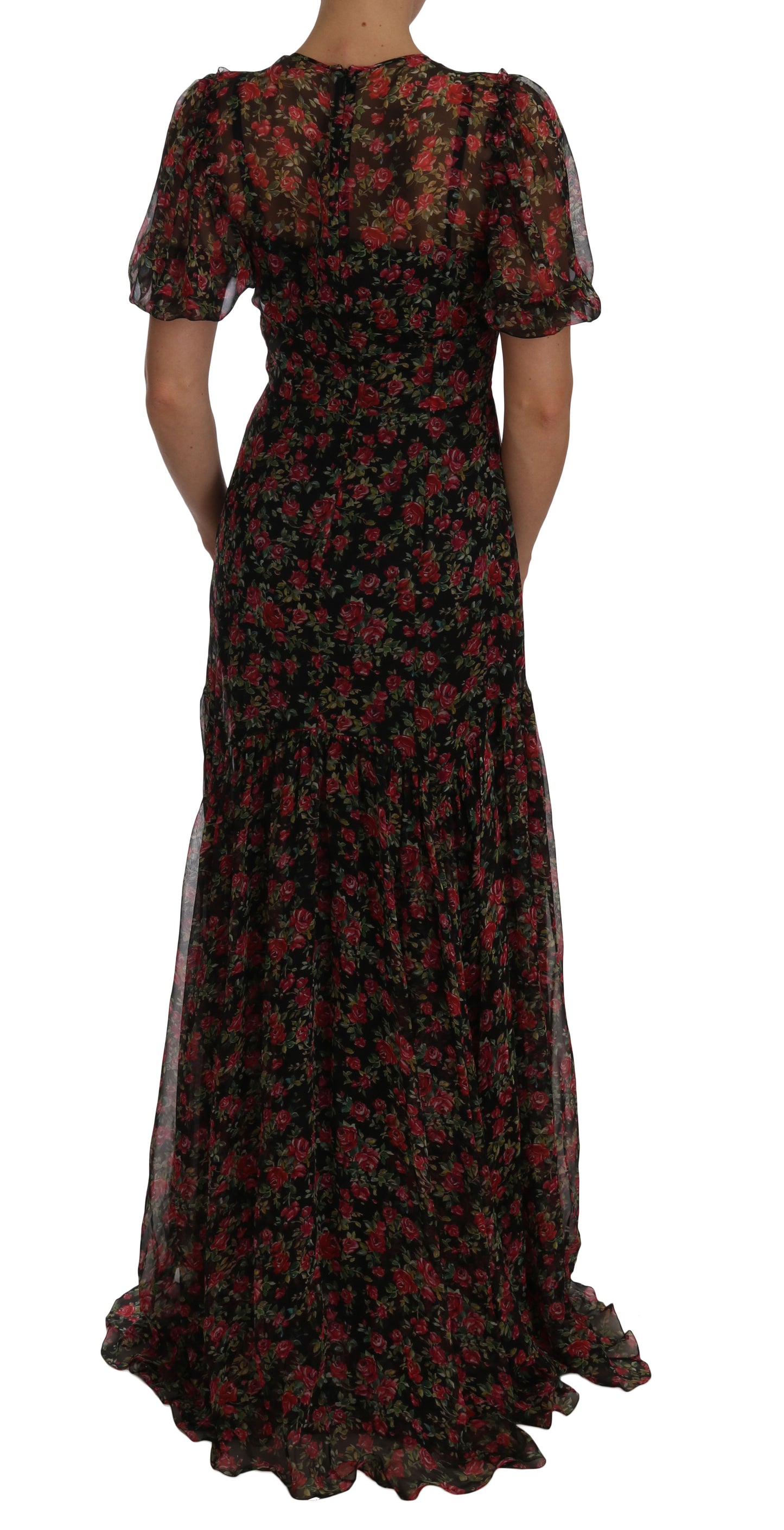 Robe droite trapèze noire à fleurs et roses