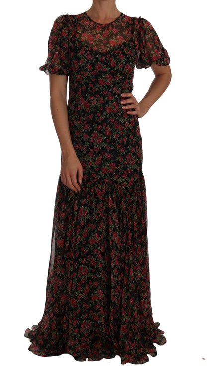 Robe droite trapèze noire à fleurs et roses