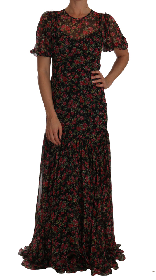 Robe droite trapèze noire à fleurs et roses