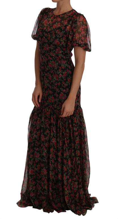 Robe droite trapèze noire à fleurs et roses