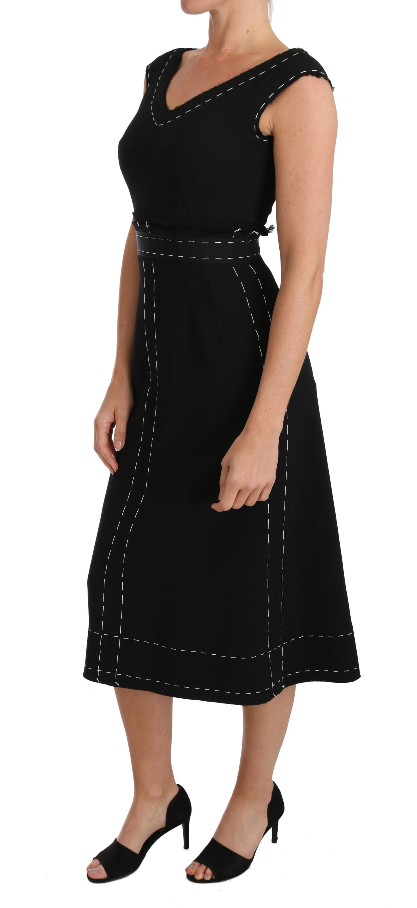 Robe fourreau trapèze extensible en laine noire