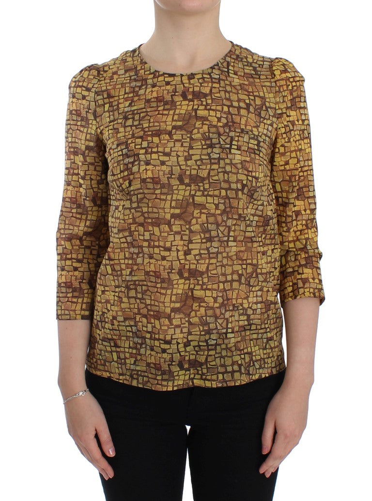 T-shirt blusa in seta con stampa mosaico multicolor