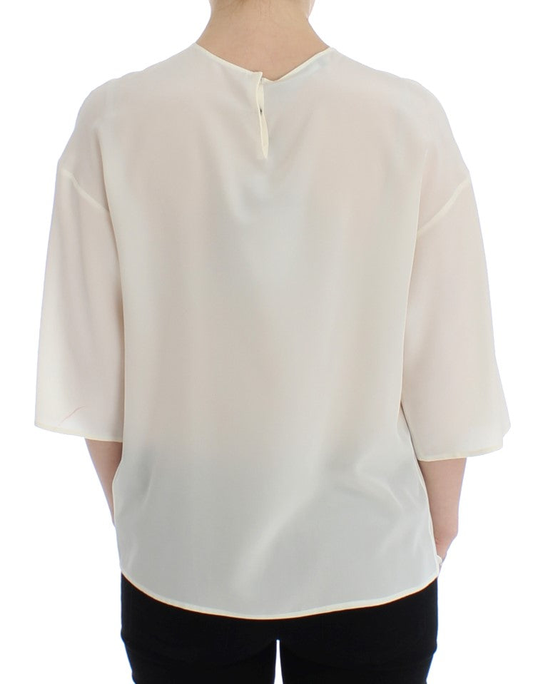 Top t-shirt in camicetta di seta con chiave bianca con paillettes