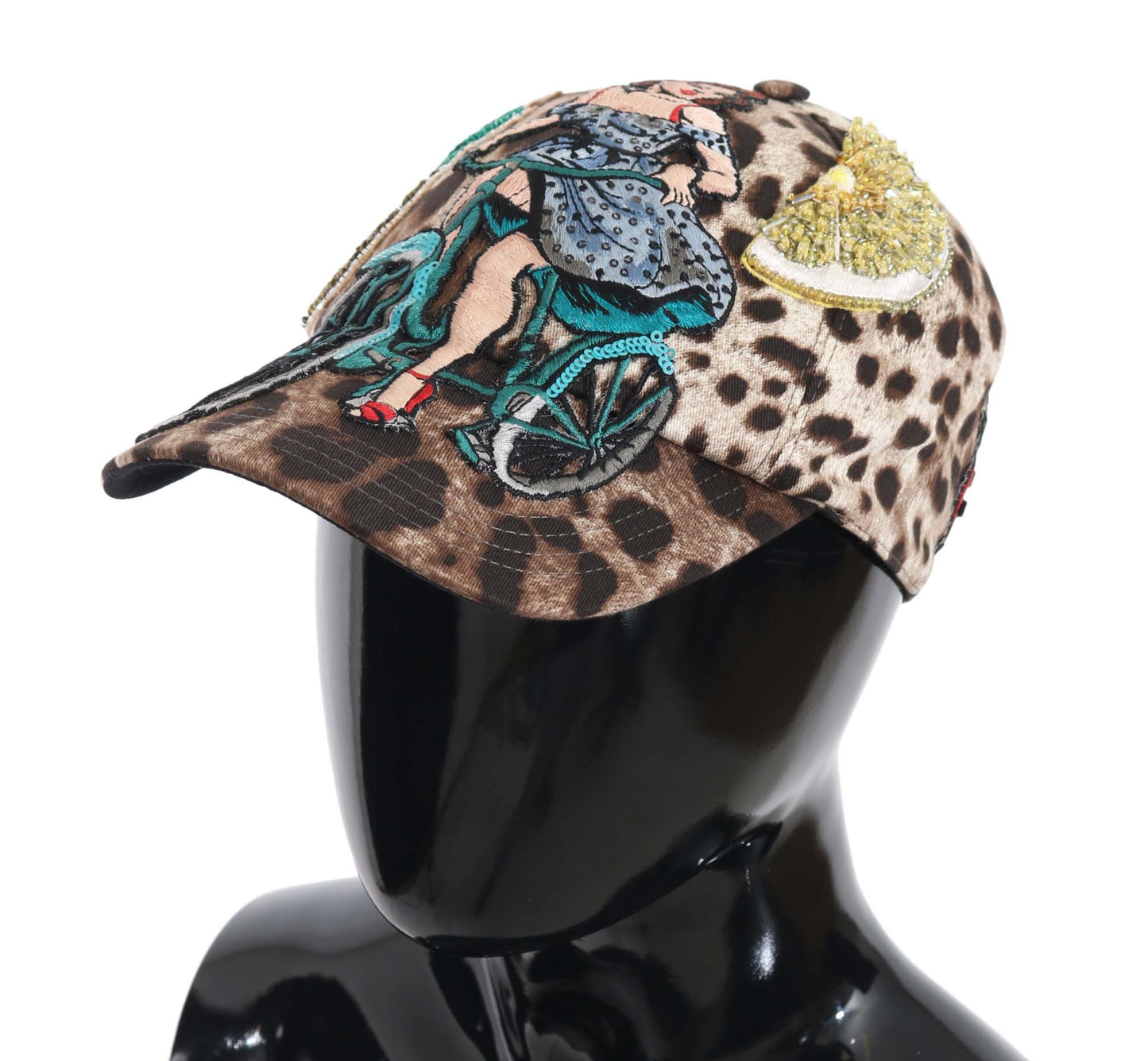 Cappello da baseball con applicazioni siciliane in paillettes leopardate marroni