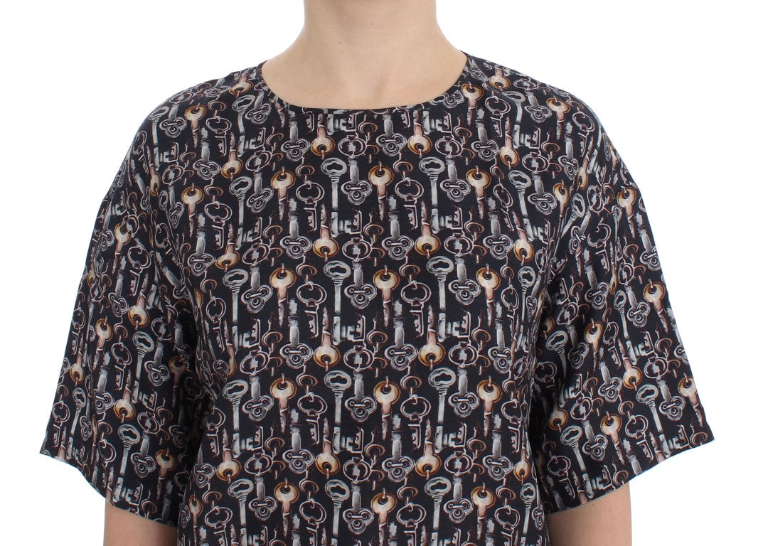 Graugoldenes Seidenblusen-T-Shirt mit Schlüssel-Print