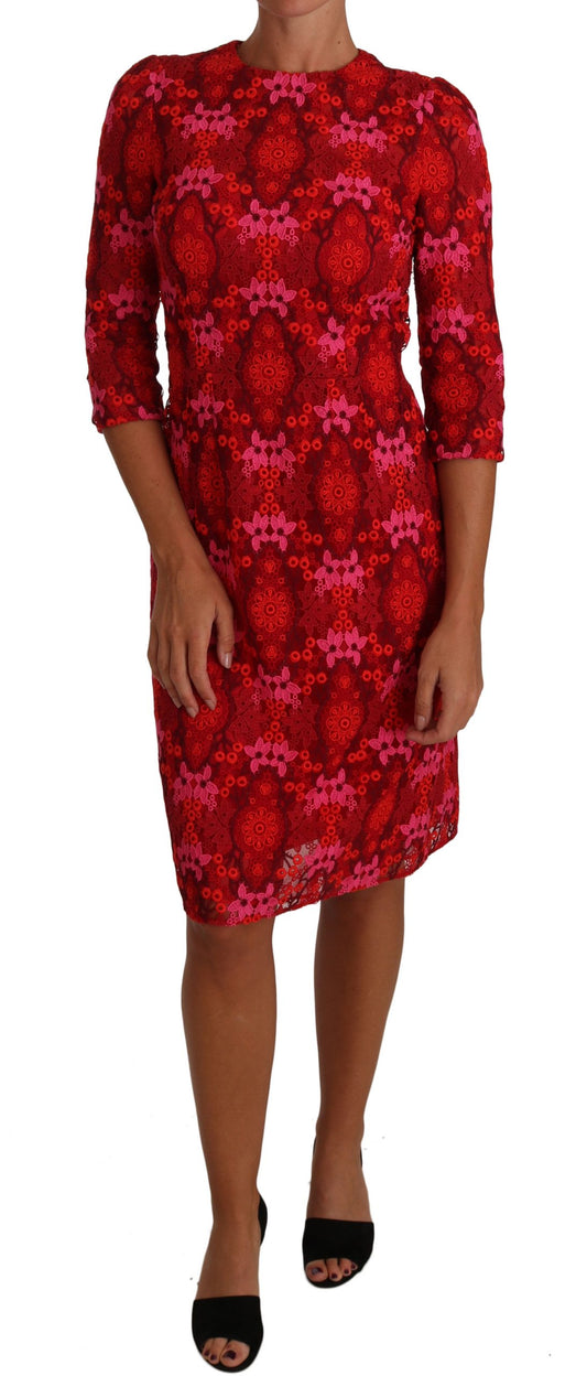 Robe fourreau rose rouge en dentelle florale au crochet