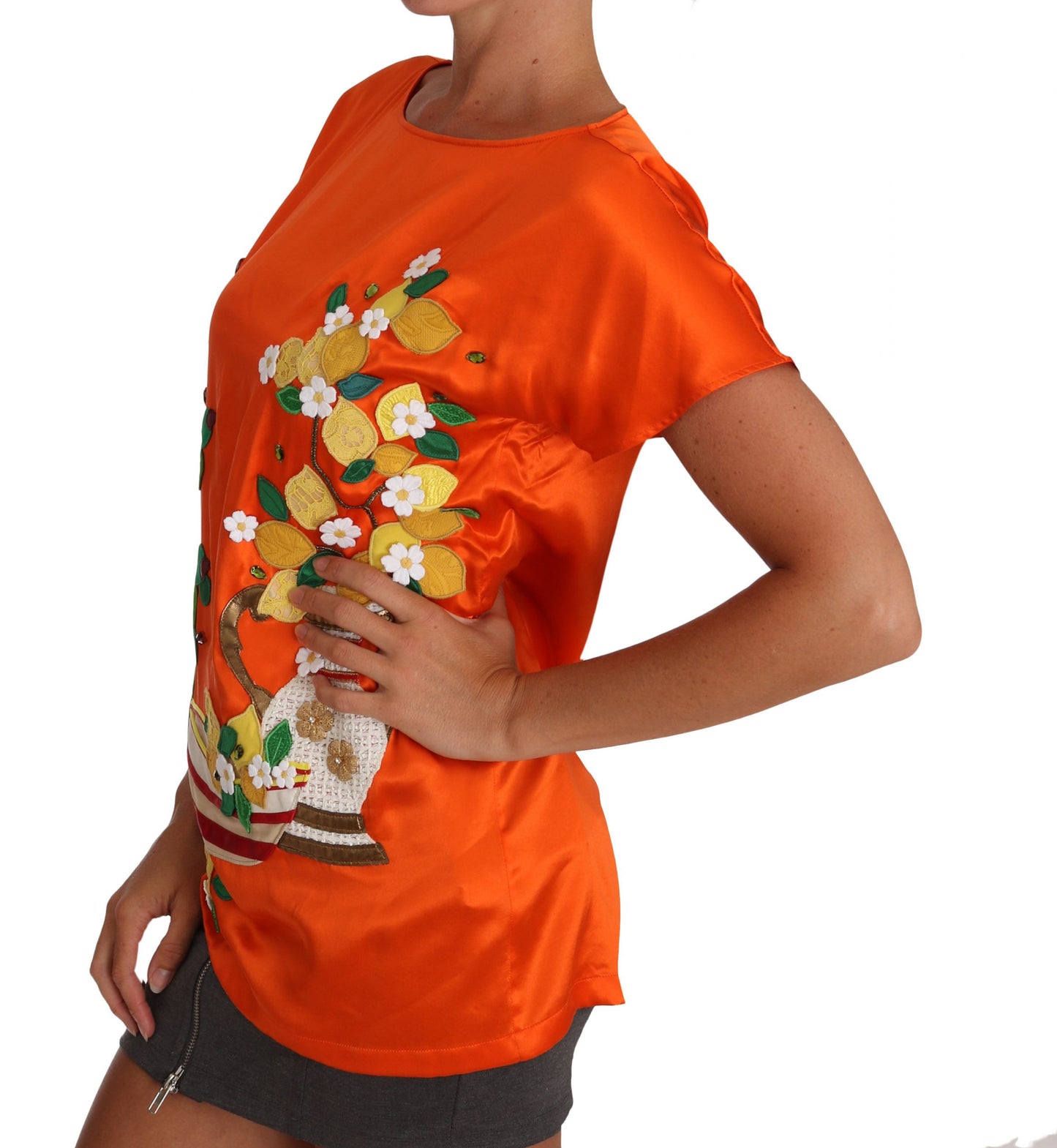 Haut T-shirt en Soie Orange Citron Cristal