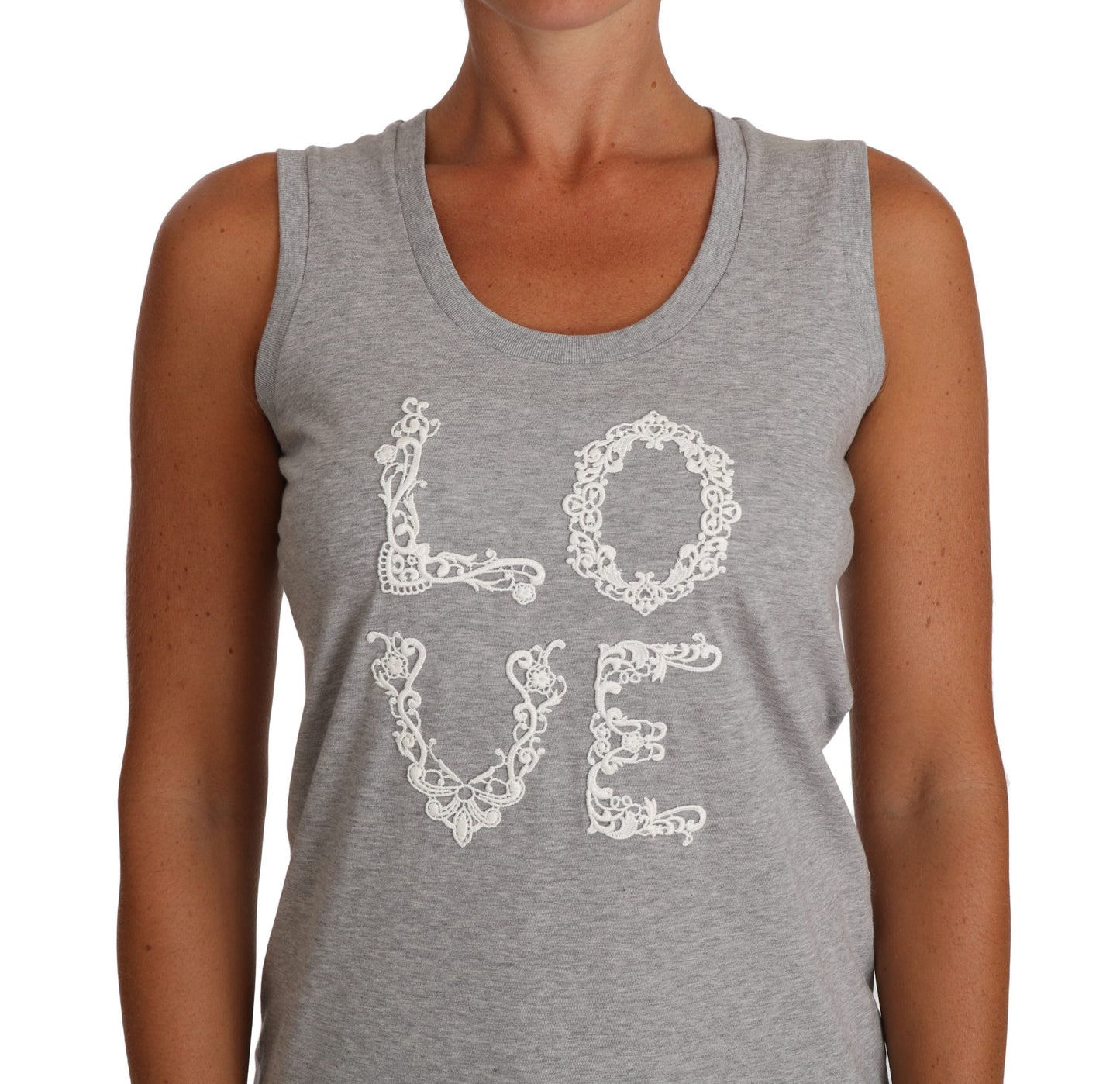 Grau-weißes Cami-Tanktop. Graues LOVE-Baumwoll-Top