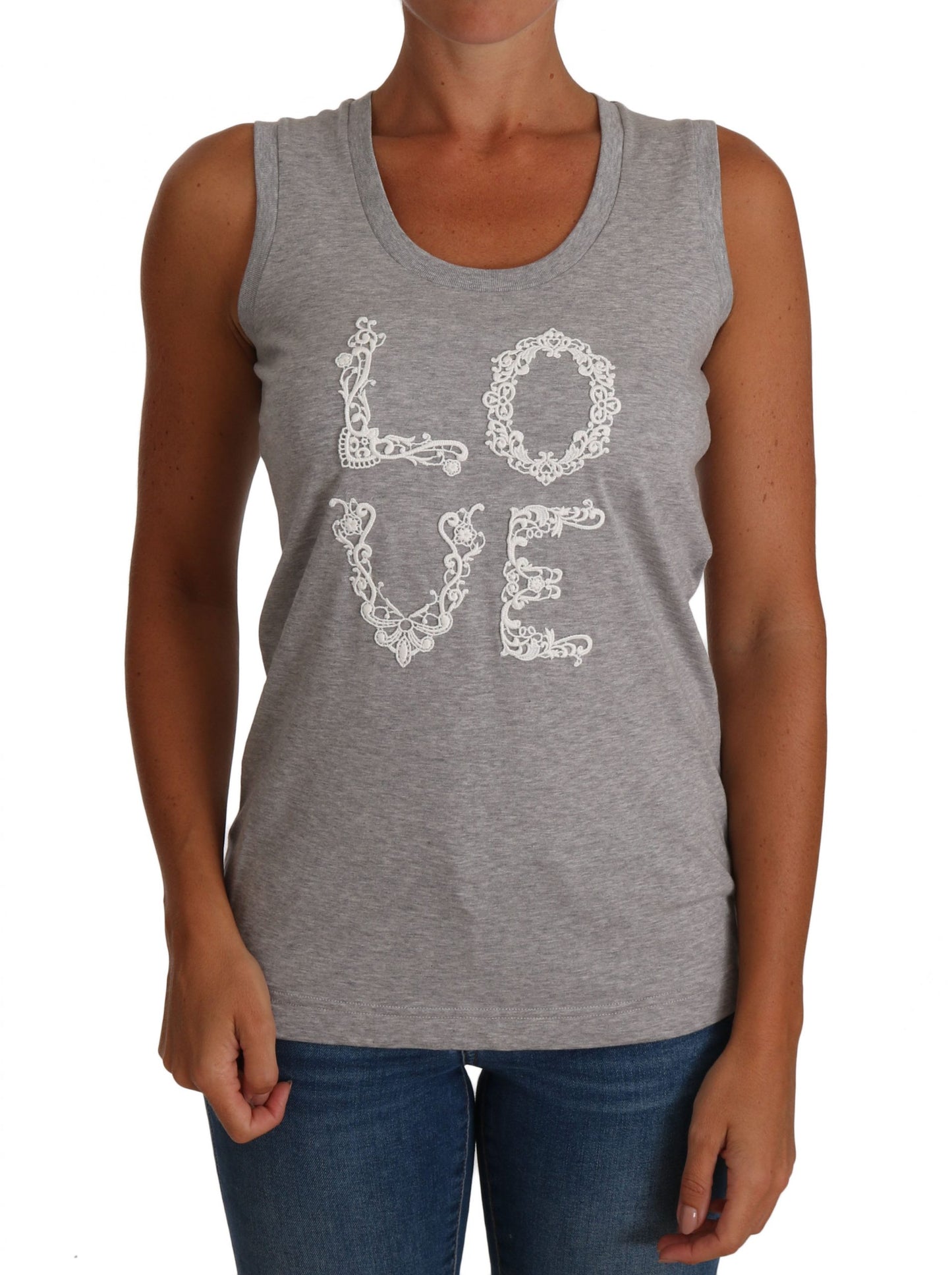 Grau-weißes Cami-Tanktop. Graues LOVE-Baumwoll-Top