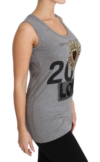 Graues Tank-Top mit Kristall-Pailletten und Herz-T-Shirt