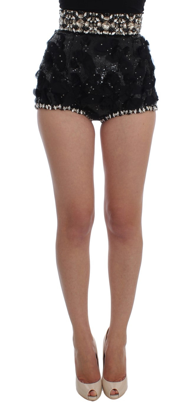 Mini shorts con paillettes di cristalli neri 