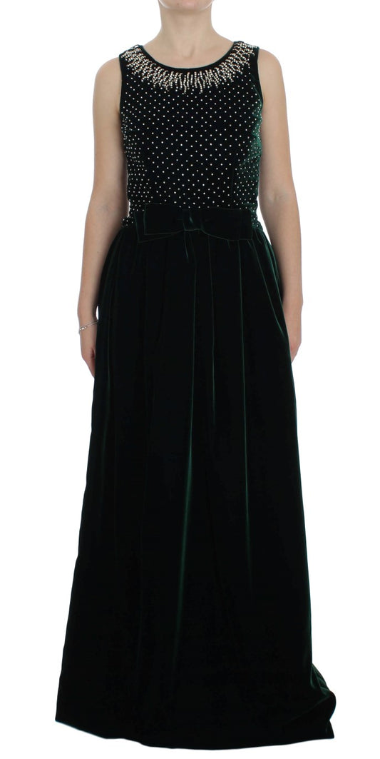 Robe longue longue en velours vert cristal