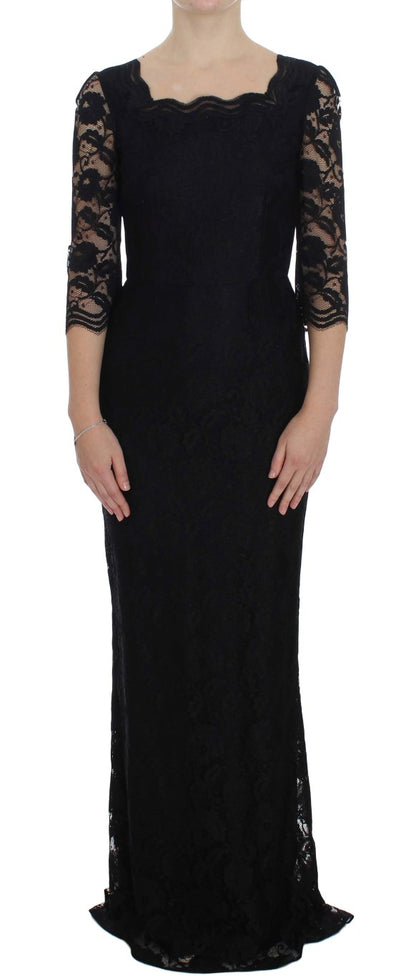 Robe longue boule noire en dentelle florale